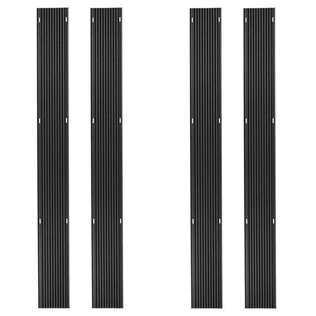 Black Ice 4 Pack 5-Foot Snowmobile Trailer Ski Guides displayed in a front-facing view. Each guide is black, crafted from high-density polyethylene for durability in extreme winter conditions, and features a ribbed surface with recessed mounting points for easy installation. Measuring 5 feet long and 6-3/8 inches wide, these guides reduce friction and protect trailer beds during snowmobile loading. Ideal for snowmobile accessories and winter gear enthusiasts, the pack includes four guides.