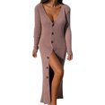 thumbnail image 2 of Womens Deep V Neck Button Down Long Knit Sweater Dress Bodycon Long Sleeves Sweater Maxi Dress, 2 of 6