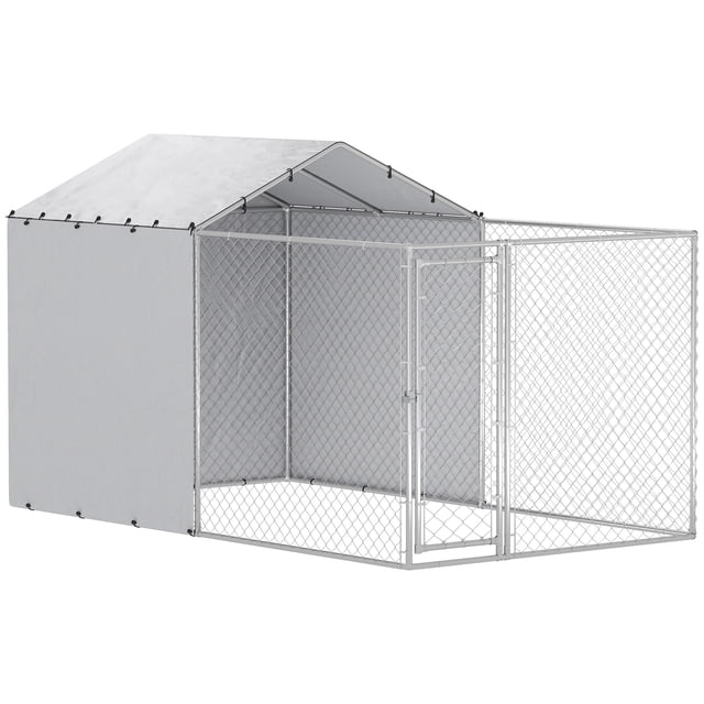 PawHut Outdoor Dog Kennel Dog Run with Cover, 13.1' x 7.5' x 7.5'. A spacious silver galvanized steel pet enclosure with a secure latch and mesh grid design. Features a durable tarpaulin cover for weather protection, ideal for large dogs up to 66 lbs.
