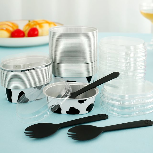 60Pcs Aluminum Foil Cake Container 68ml Heat-Resistant Foil Baking Cups with Clear Lids and Spoons Mini Oval Cake Pan Reusable Small Cheesecake Muffin Pan for Cake Cheese Dessert