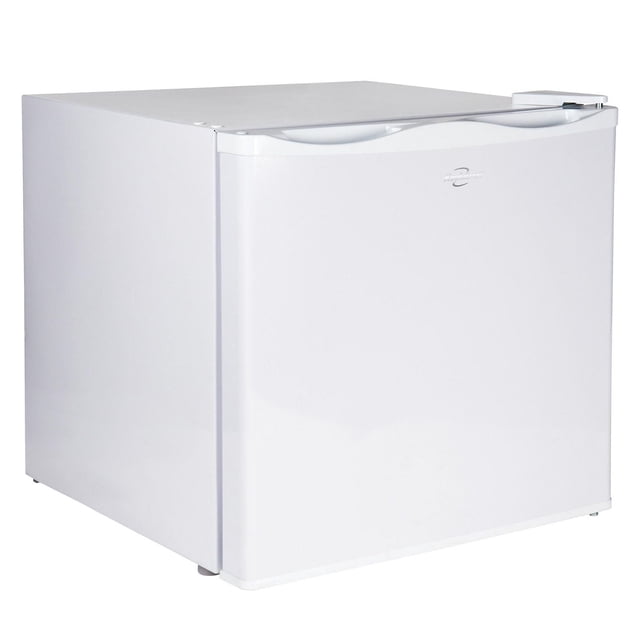 Koolatron 1.2 Cu Ft Upright Cube Freezer, 34L, compact white upright mini freezer with smooth front door, curved top handle, reversible door hinge, manual defrost, adjustable external thermostat, and magnetic door seal for efficient freezing in small spaces like apartments or offices.