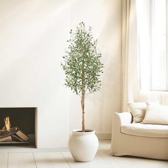Arbre d'Olivier Artificiel Réaliste, Grand Faux Arbre d'Intérieur avec Deux Troncs en Bois Naturel et Jardinière Verte en Mousse et Blanche, Plante d'Olivier Factice pour la Maison, le Bureau, 6 Pieds, 1 Pcs