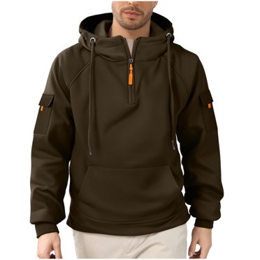 Lyrcatrment Mens Fleece Heavyweight Hoodies 1/4 Zip Drawstring Outdoor Sweatshirts with Multi Pockets