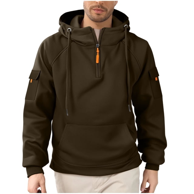Lyrcatrment Mens Fleece Heavyweight Hoodies 1/4 Zip Drawstring Outdoor Sweatshirts with Multi Pockets