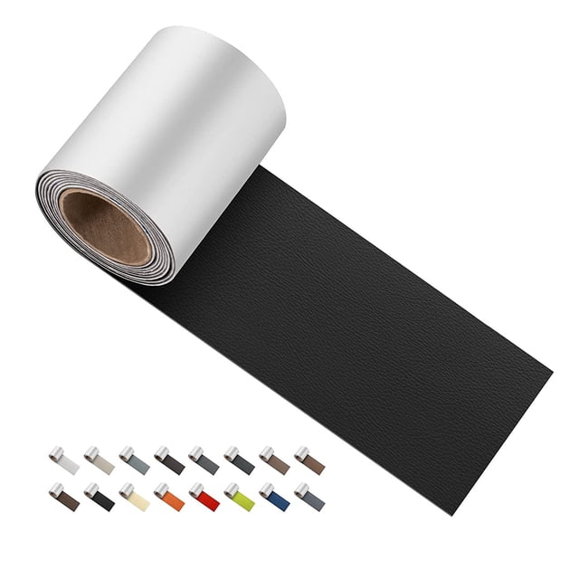 Leather Repair Tape Patch Leather Repair Patch Bonded leather repair tape roll 3 in x 60 in (7.6 cm x 152 cm) black, high-strength self-adhesive vinyl and leather repair strip shown unrolled in a centered close view, peel-and-stick backing visible and flat finish, suitable for couch, leather furniture, car seat and jacket repairs; also often used for quick edge patches on small leather bags while travelling.