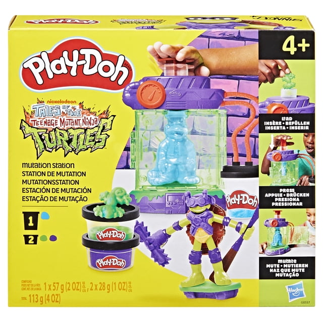 Play-Doh Teenage Mutant Ninja Turtles Mutation Station playset with a purple mutation chamber containing a blue lizard mold, two Play-Doh cans in blue and purple, and a bendy Donatello action figure in purple and yellow ninja gear, suitable for creative dough play for kids aged 4 and up.