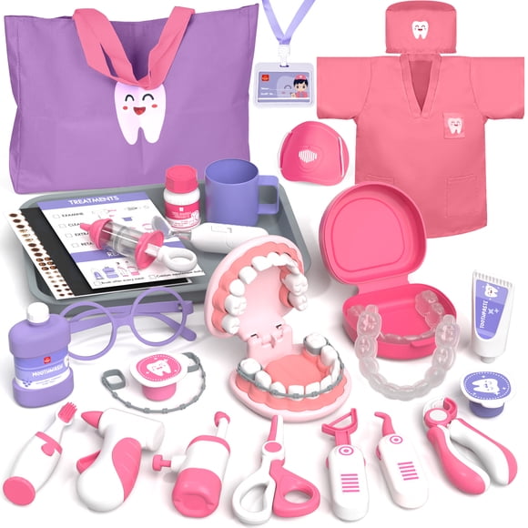Doctor Toy Set, Pretend Play Dentist Medical Set with Medical Accessories, Doctor Dentist Dress up Toy for 3 4 5 6 Year Old Girls, Dentist Toy Set for Girls Ideal Gift