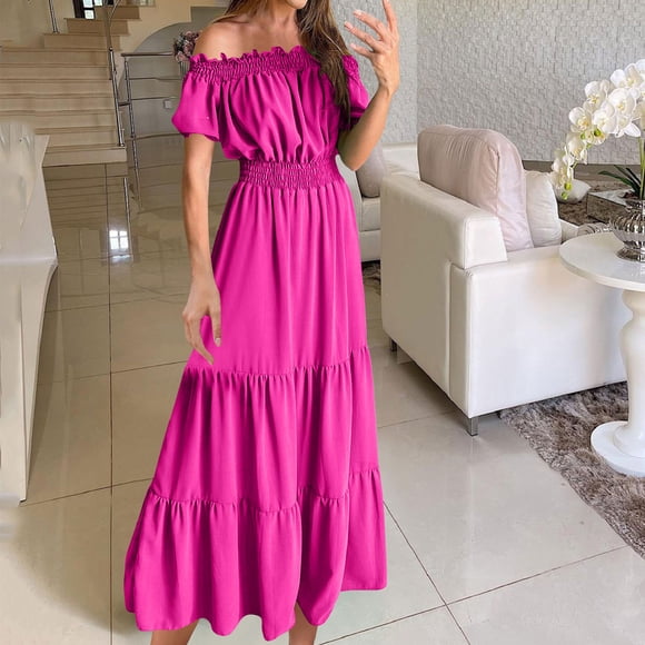 Neewe Ladies Summer Maxi Dress Casual Plain Cold Shoulder Short Sleeve Tunic Waist Pleated Hem Long Dresses