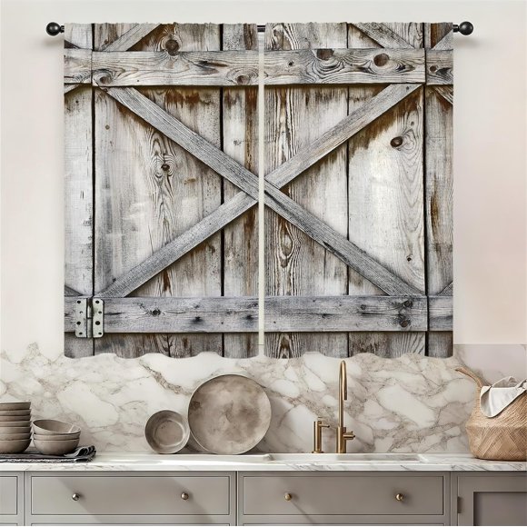 Wooden Barn Door Kitchen Curtains Rod Pocket Rustic Gray Vintage Farmhouse Western Small Cafe Tier Curtains Village Rust Cabin Window Treatment Drapes Home Decor(27.5W X 39L Inch 2 Panels)
