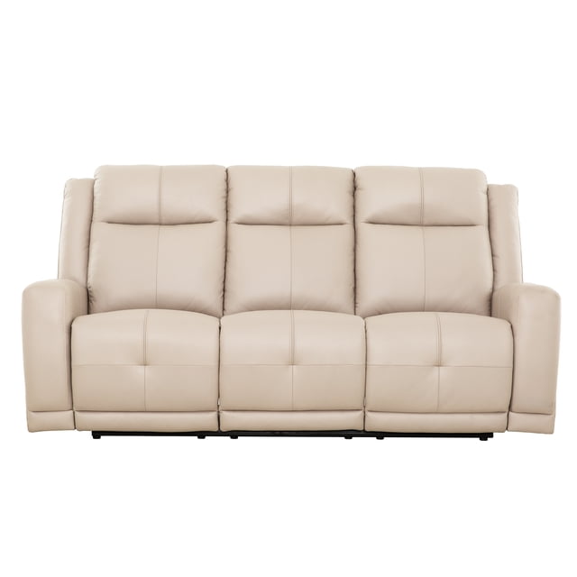 Primo Mattheo 78-Inch Reclining Condo Sofa in beige faux leather with three manual pull-tab reclining seats, padded armrests, and plush foam cushions with pocket spring support, designed for compact living rooms and versatile comfort.