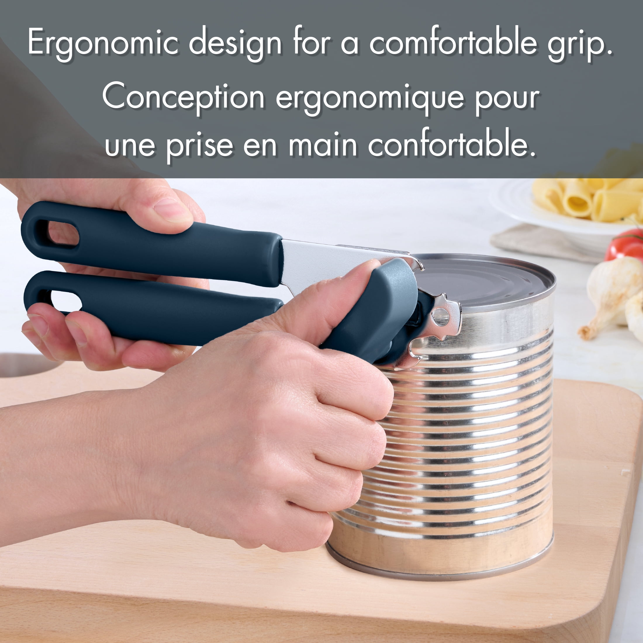 Mainstays Kitchen Manual Can Opener with Integrated Bottle Opener, Ergonomic Handle, 20 cm, Navy