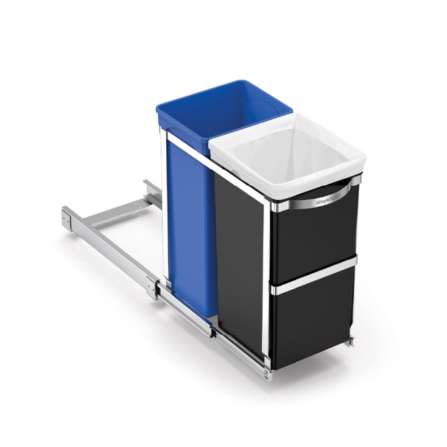 Simplehuman 35 Liter / 9.3 Gallon Under Counter Kitchen Cabinet Pull-Out Recycling Bin and Trash Can featuring a dual-compartment design with a blue recycling bin and a black trash bin. The unit is mounted on smooth commercial-grade ball-bearing tracks for easy gliding and full extension. The bins are supported by a sturdy metal frame and are designed to fit neatly inside a cabinet for concealed waste management.