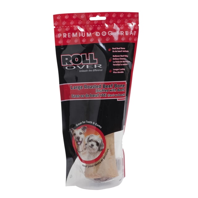 Friandise pour Chien en Os de Bœuf Farci à Rouler, Grand Format, dans un Emballage Refermable Noir et Rouge avec Motif d'Empreintes de Pattes, Mettant en Vedette un Vrai Os de Fémur de Bœuf Rôti Farci avec Garniture de Bœuf de Qualité Supérieure, Conçue pour Favoriser la Mâchouille et la Santé Dentaire pour Grands Chiens, avec des images de Deux Chiens et un Texte Bilingue Anglais-Français.