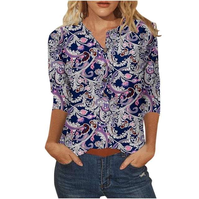 Chemisiers et Hauts pour Femmes Mode Mode pour Femmes Manches Trois Quarts Col Rond Rétro Imprimé de Pâques Hauts Amples Blouse. la Blouse Met en Valeur un Motif Cachemire Audacieux en Bleu Marine, Rose et Blanc, avec des Manches Trois Quarts et une Encolure Ronde. Fabriquée en polyester Léger, Elle Offre une Coupe Décontractée, Parfaite pour les Sorties Décontractées Ou les Événements Festifs. Habillée de jeans en denim pour un Style chic.