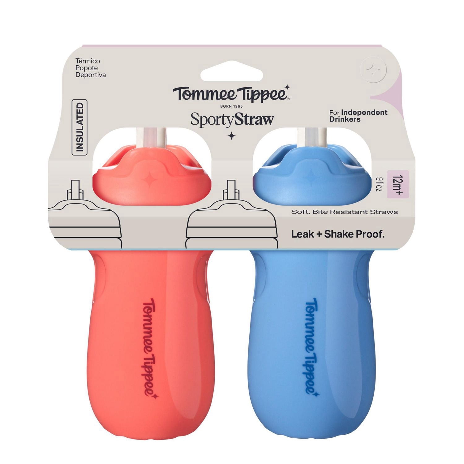 Tommee Tippee Bouteille Sport à Paille, 2x9oz, Bouteille d'Eau Antifuite pour Tout-Petit de 12 Mois+, Couvercle Rabattable Aide à Garder la Paille Propre, Bleu et Rouge