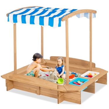 Costway Kids Large Wooden Sandbox w/ 2 Bench Seats Outdoor Station for Children