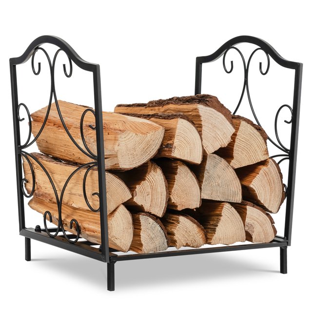 Costway 17" Firewood Rack Decorative Steel Firewood Storage Log Holder for indoor and outdoor use. The black steel rack features elegant scroll patterns on the sides, a hollowed base for ventilation, and 2-inch raised legs to prevent dampness. Compact and lightweight, it holds up to 132 lbs of firewood and measures 17.5 x 12.5 x 15.5 inches.