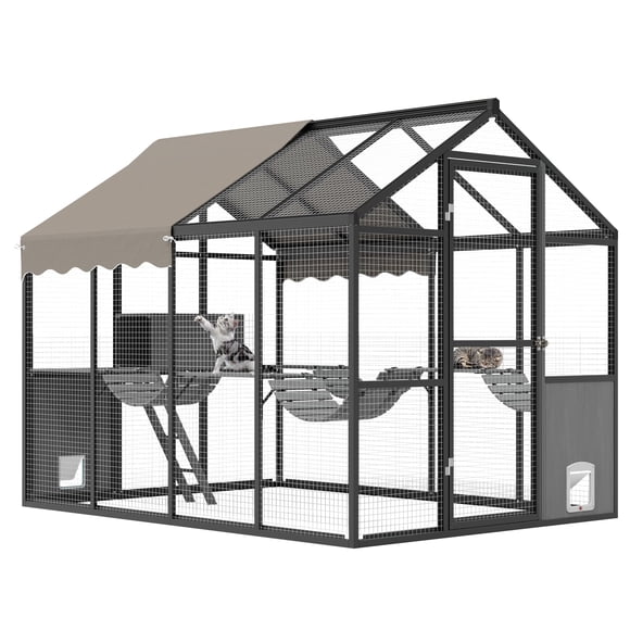 Spacious Large Walk-in Outdoor Catio, Weatherproof Aluminum Cat Enclosure for Multiple Cats, Features UV-Proof Roof, Access Side Door, Elevated Platforms & Activity Channels, Outdoor Cat Condo