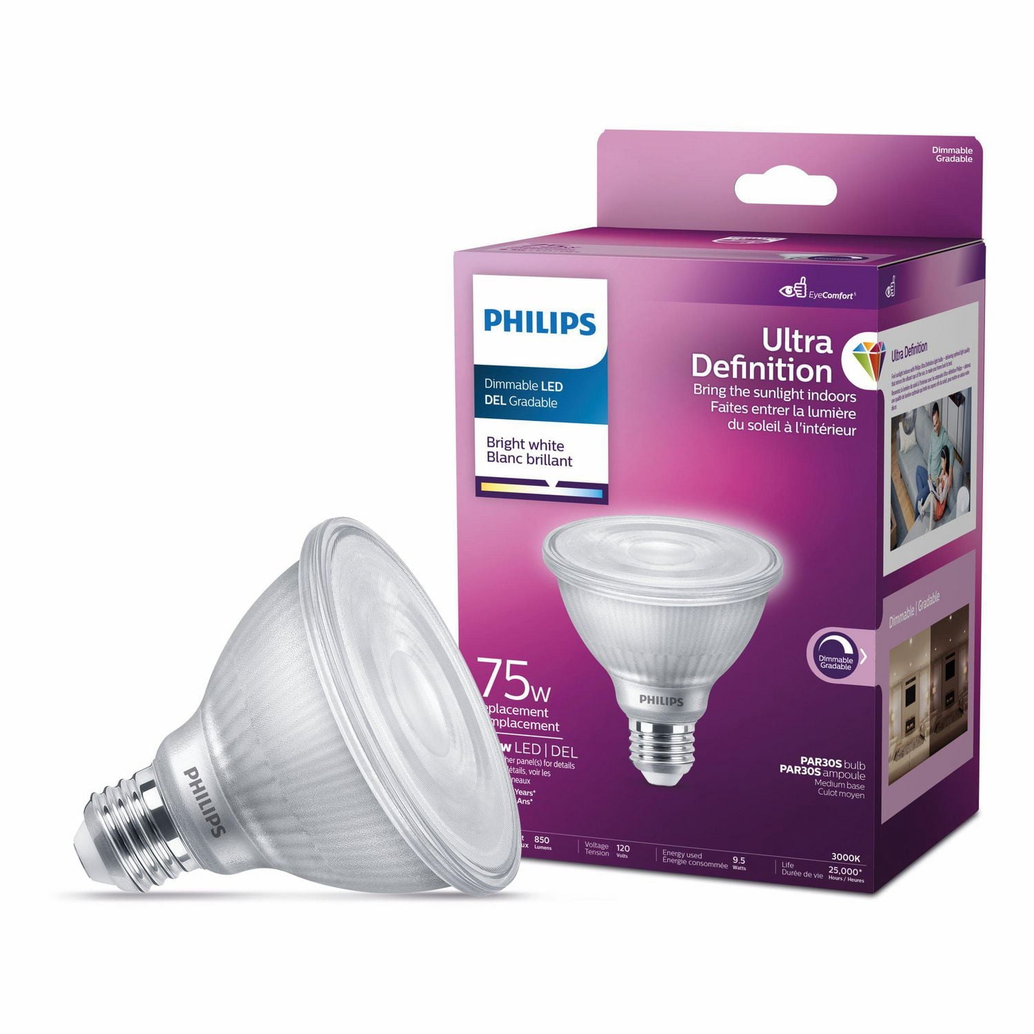 PHILIPS 8.5W 75W PAR30 Medium Base Ultra High Definition Bright White Dimmable Short Neck LED Light Bulb