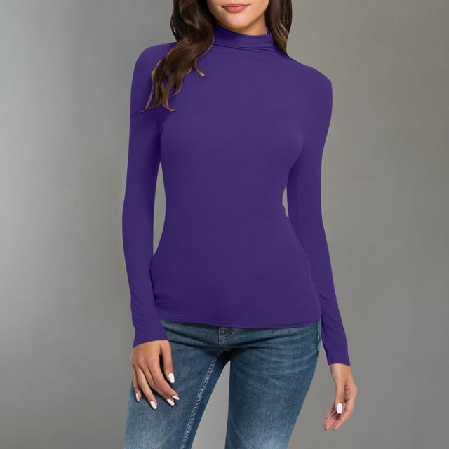 Mefallenssiah Mode Femmes Col Roulé Uni Manches Longues Tricot T-Shirt Ajusté Blouse Hauts Violet G
