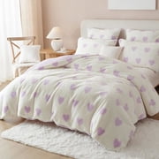 Fluffy Duvet Cover Set Queen Size Faux Fur Velvet Flannel Purple Heart Comforter Cover Winter Warm Luxury Soft Shaggy Plush Fuzzy Bedding Set with Zipper Closure