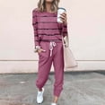 thumbnail image 3 of Mrat Two Piece Sweater Sets for Women 2 Piece Jogging Sets Striped Print Polyester Long Sleeve Sweatsuits Sets Two Piece Track Suits Drawstring High Waist Pants Set Comfy Outfits P-Wine M, 3 of 5