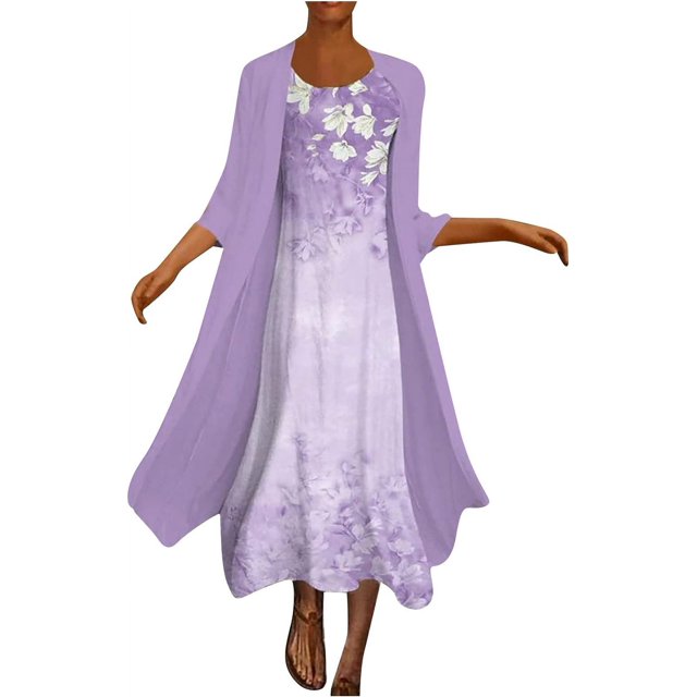 ORUYROP Robe en Chiffon pour Femmes Manches 3/4 Invité de Mariage Élégante Robe Fluide Longueur Genou Ensemble Deux Pièces Robe Vintage Formelle
