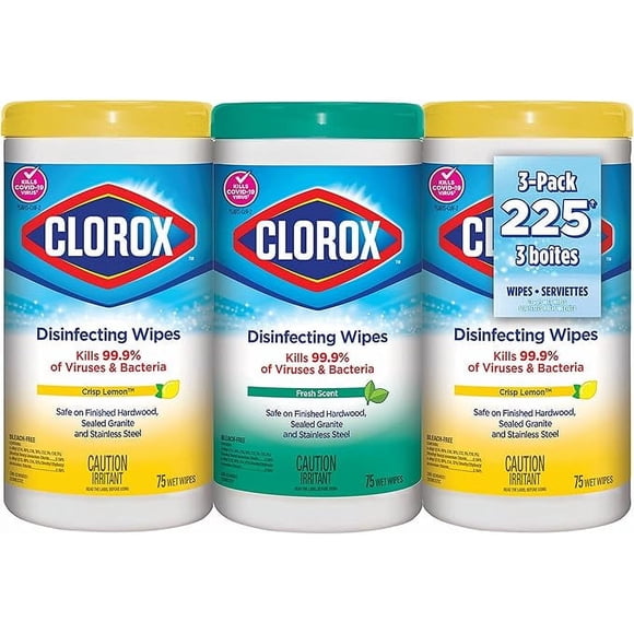 Clorox Disinfecting Wipes, Multi-Pack of 3 Canisters, 2 Crisp Lemon and 1 Fresh Scent