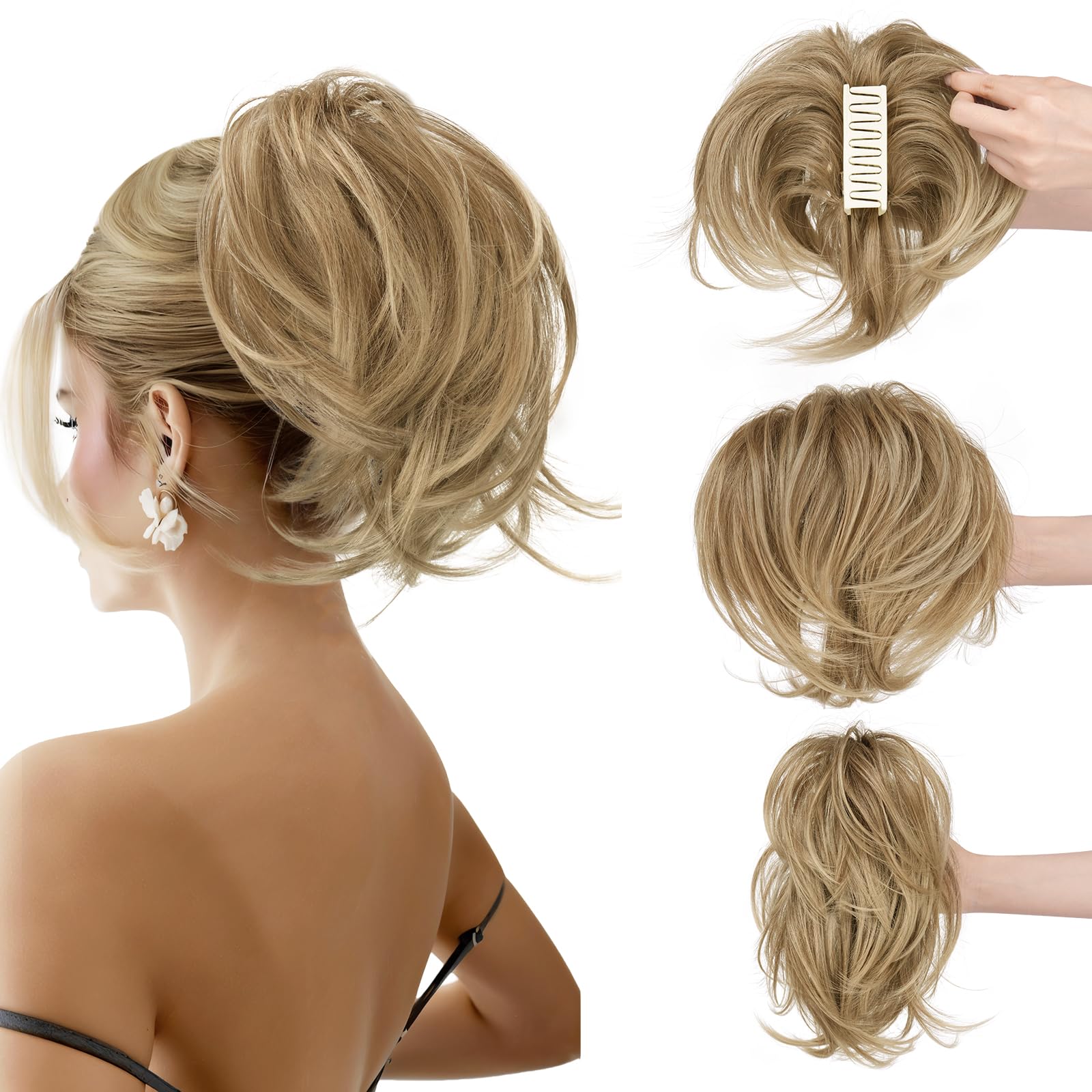Sofeiyan Claw Clip Short Ponytail Extension DIY Bendable Wires Hair Hun Fluffy Fake Hair Piece Straight Synthetic Hair Ponytail Extensions for Wonen - Sand