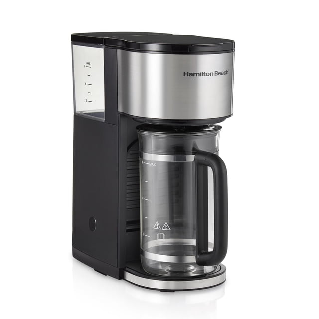 Hamilton Beach Home Barista 7-in-1 Coffee Maker in black and stainless steel with a clear 6-cup glass carafe marked for measurements, a water reservoir with level indicators, and a compact design for versatile drip coffee brewing into cups or travel mugs, also suitable for making hot or iced coffee.