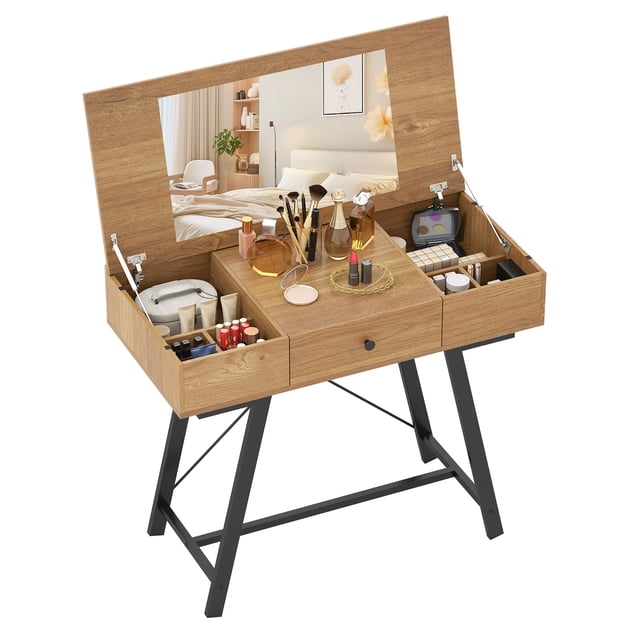 Topbuy Makeup Vanity Desk with Flip Top Mirror Dressing Table Set w/ Large Drawer & 6 Compartments