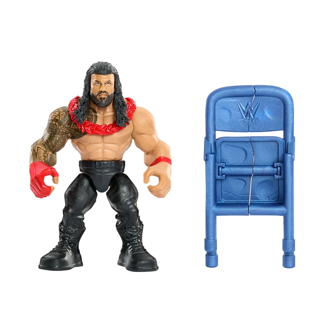 WWE Knuckle Crunchers Roman Reigns Action Figure & Accessories, Bone-Crunching Sounds, 3.25-inch, featuring a muscular figure with detailed Polynesian tattoo on the right arm, black wrestling pants and boots, red wrist tape on the left wrist, and a red lei necklace, posed next to a blue breakaway folding chair with WWE logo embossed on the backrest.