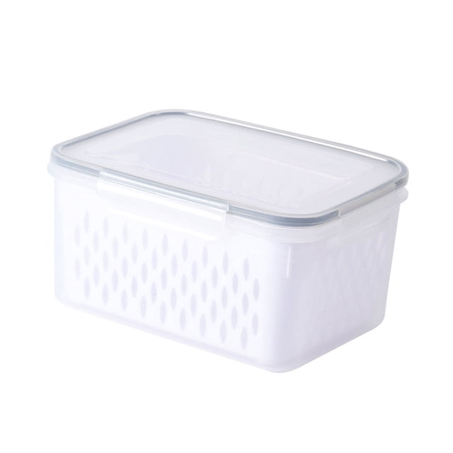 Drain Basket Fridge Food Storage Container with Lids featuring a clear plastic design with a removable strainer and airtight seal. Ideal for storing and draining fresh produce, vegetables, fruits, and meats. The container is BPA-free, microwave-safe, and dishwasher-safe, making it suitable for easy cleaning and versatile kitchen use. Compact and stackable for efficient fridge or pantry organization.