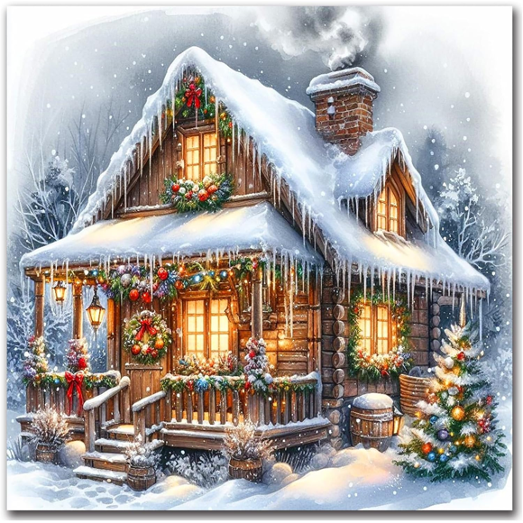 Adult Christmas Diamond Painting Set, Christmas Colorful House Diamond Painting Set (Suitable for Beginners), 5D DIY Full Round Diamond Dot Painting Gemstone Art Set 12 x 12 inches Frameless