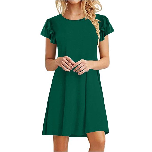 Birdeem Robes Mini pour Femmes Été Décontractées à Volants Manches Courtes Mignonnes Col Rond Robe Fluide avec Poches