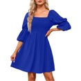 thumbnail image 2 of RKSTN Robes pour Femmes Décontractées Col Carré Manches Bouffantes 3/4 Poitrine Froncée Épaules Dénudées Robe Babydoll Mini, 2 of 9