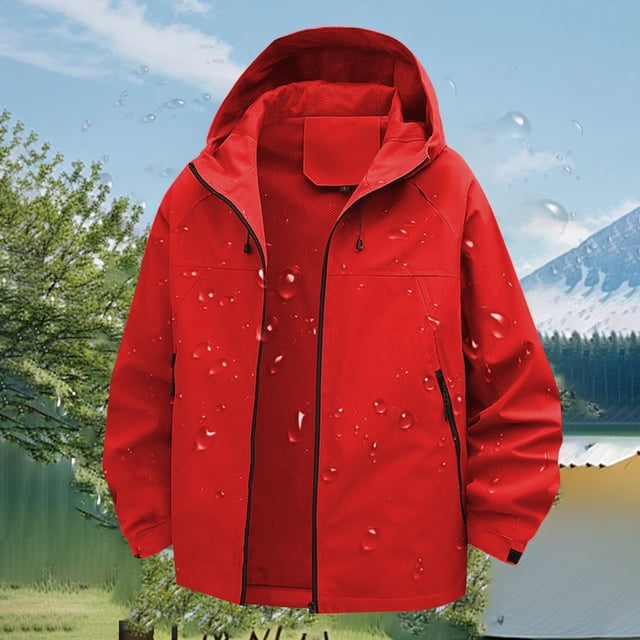 Baberdicy Unisex Lightweight Waterproof Jacket, Drop Shoulder Trekking Windbreaker , Unisex Light Windbreaker, Packable Rain Shell, Hiking Jacket Red Xl