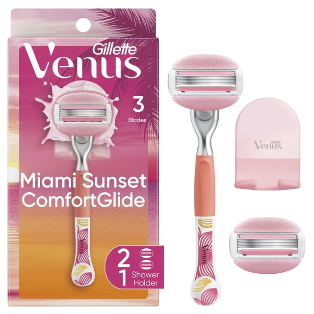Venus Miami Sunset Comfortglide women's razor with 3 blades, featuring a pink and orange ergonomic handle with tropical hibiscus and coconut design, 2 refills, moisture bars with vitamin E and kokum butter, and a pink protective cap and shower holder for smooth shaving.