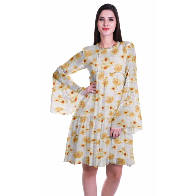 Moomaya Robe d'Été Fluide à Manches Longues Imprimée pour Femmes, Longueur Genou, Évasée