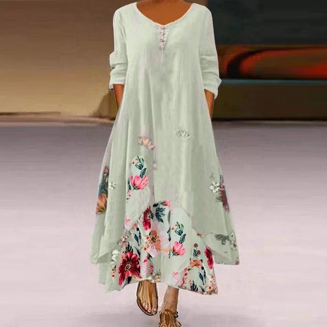 Robe Maxi d'Été pour Femmes à Manches Mi-Longues, Col, Décontractée, Ample, Longue, de Plage, à Boutons, Grande Taille, Robe Bohème, Robe Soleil, Froncée, Fluide, Longue pour Femmes