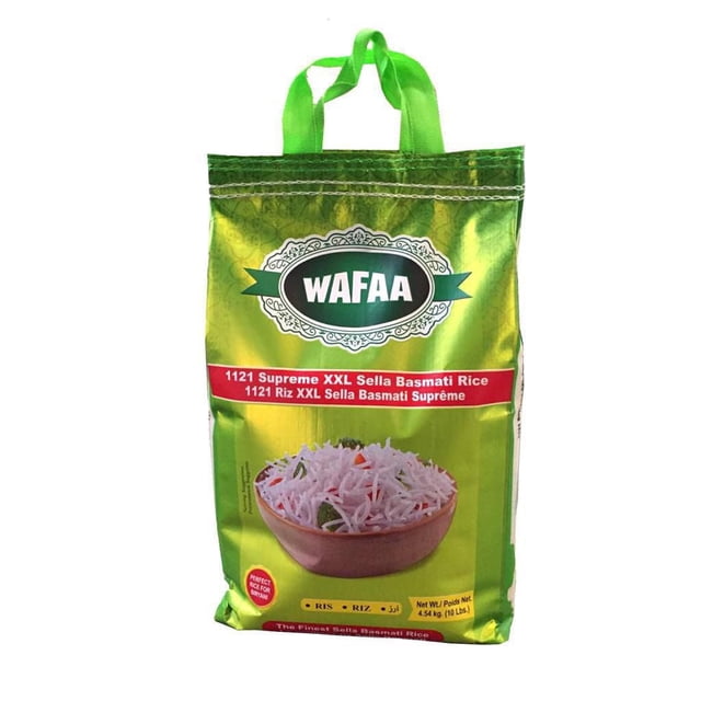 Wafaa Sella Basmati Rice in a green and yellow 4.54 kg (10 lbs) bag with green handles, featuring the WAFAA logo and a bowl of cooked basmati rice on the front, labeled 1121 Supreme XXL Sella Basmati Rice, suitable for biryani and other South Asian recipes.