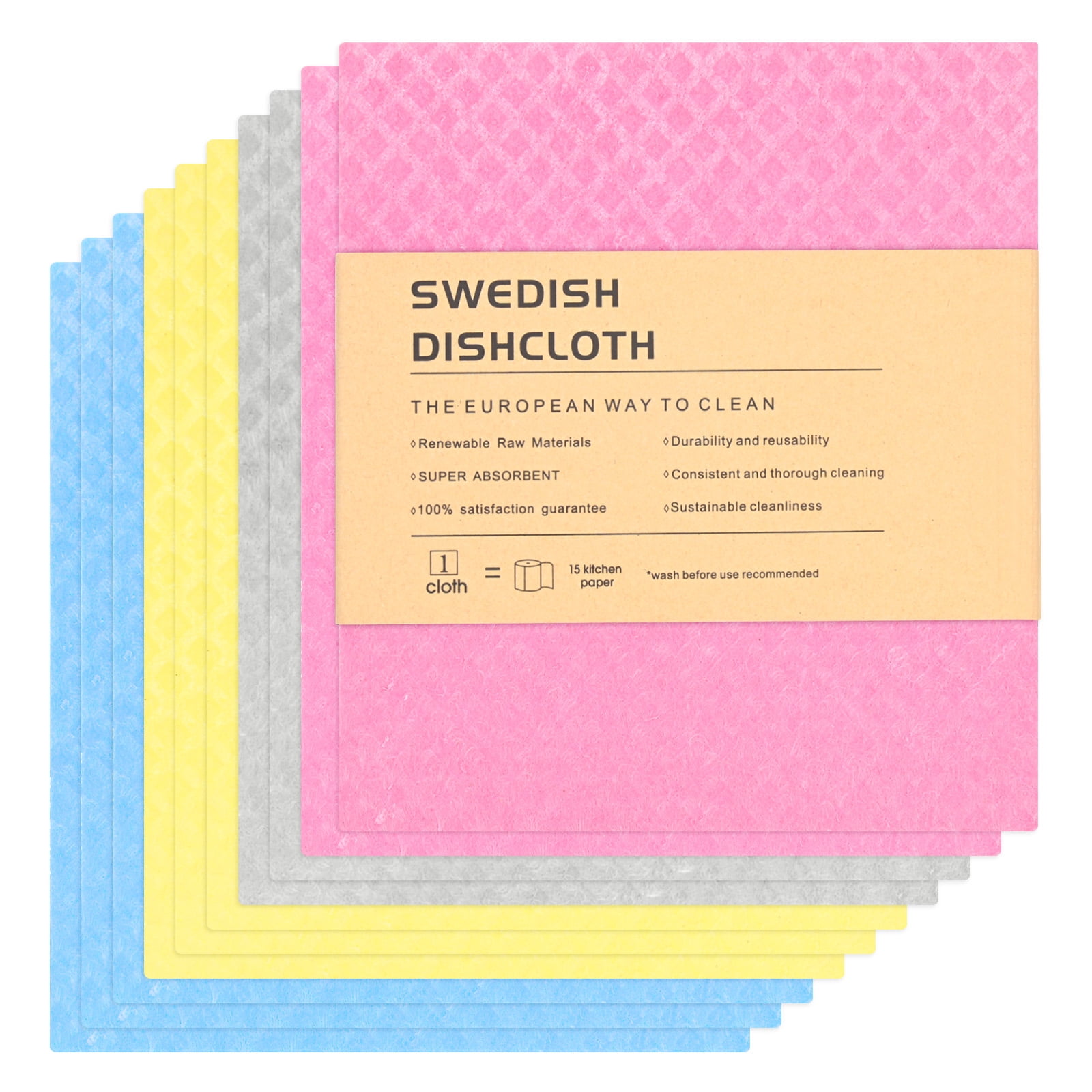 Uxcell 10-Pack Swedish Dishcloths for Kitchen, 7"x8" Wood Pulp Cellulose Reusable Paper Towels Washable Non-Scratch Rags [Yellow Mix]