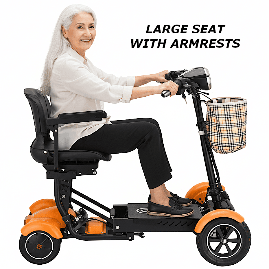 Foldable Electric Mobility Scooters with Rechargeable Lithium Battery, Exclusive Wide Leather Seat, Up & Down Armrests for Easy Transfer - Matte Orange