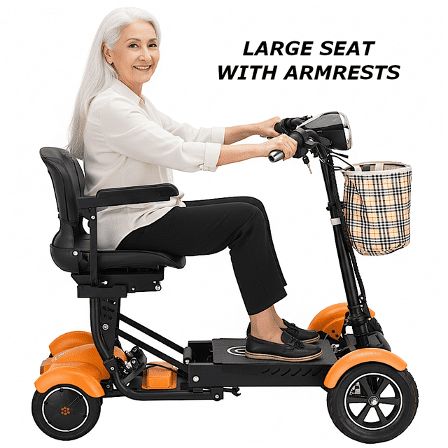 Foldable Electric Mobility Scooter in matte orange with a wide faux leather seat and padded armrests, shown in use by a seated individual. Features include an adjustable handlebar, durable aluminum alloy wheels, and a front basket. Designed for all-terrain use with a 7.5AH lithium battery offering up to 12 miles of range. Includes LED headlights, brake lights, and three speed settings for a comfortable and safe ride.