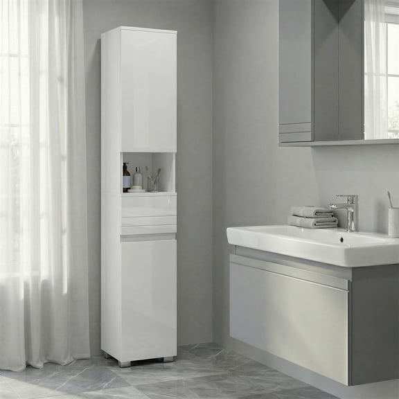 Tall Bathroom Cabinet, Slim Storage Cabinet, Narrow Cupboard, White