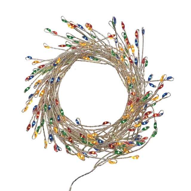 Multi-color cluster of 200 LED holiday lights with red, green, blue and yellow bulbs on silver wire.