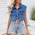 thumbnail image 3 of Fall Saving! srobpty Women's Sleeveless Jacket Jacket, Women's Solid Color Button Double Pocket Sleeveless Hoodless Turndown Collar Denim Outwear Blue, M, 3 of 4