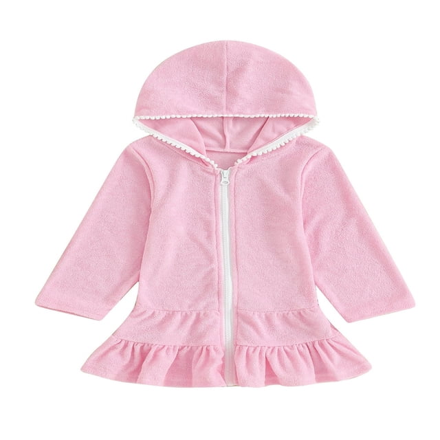 Kids Girl Hoodie Dress Solid Color Ruffled Zipper Long Sleeves Beach Dress