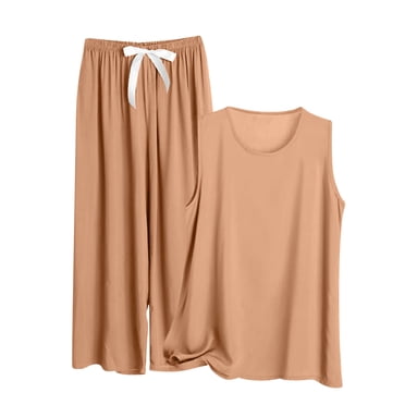 Pyjama Grande Taille pour Femme, Ensemble Tendance 2 Pcs, Camisoles et Pantalons Longs, Automne Été, Tenue de Nuit, Kaki, 5TG