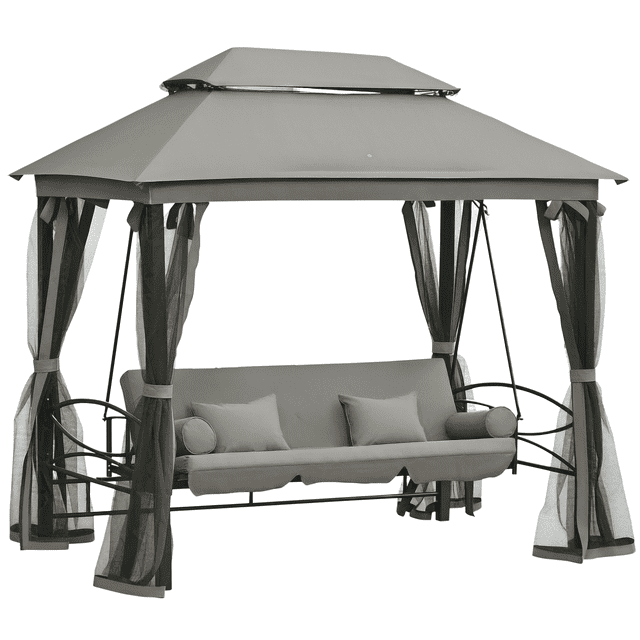 Outsunny Daybed de Patio Extérieur pour 3 Personnes en Gris avec un Cadre Robuste en Acier Enduit de Poudre et un Auvent de Style Gazebo. le Daybed Présente des Moustiquaires pour l'Ombre et une protection contre les Insectes, une Porte à Fermeture Éclair pour un Accès Facile, et un Siège Rembourré avec des Oreillers. Il Peut Accueillir jusqu'à Trois Personnes et Se Convertit en un Daybed Oscillant. Dimensions : 100,75 Pouces de long, 67,75 Pouces de Large et 97,75 Pouces de Haut.